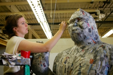 Working on Bigfoot prototype 2012, papier mache over wood, foam, wire and clay armature