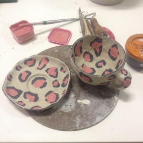 Leopard print ceramic cup and saucer in progress